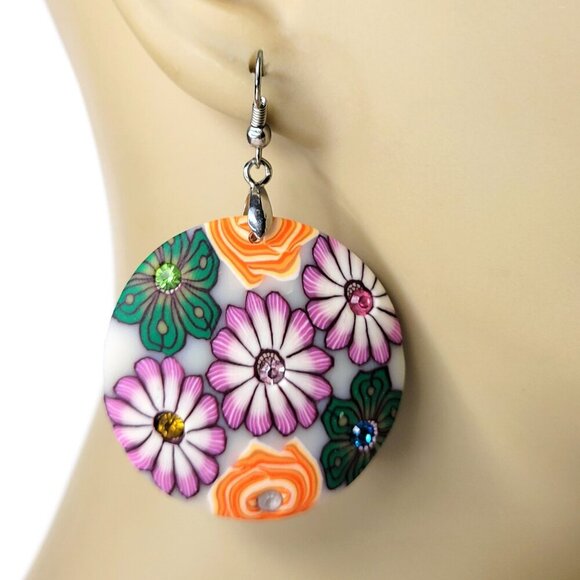 Floral Sequin Round Earrings Light Flower Earrings - Picture 2 of 5